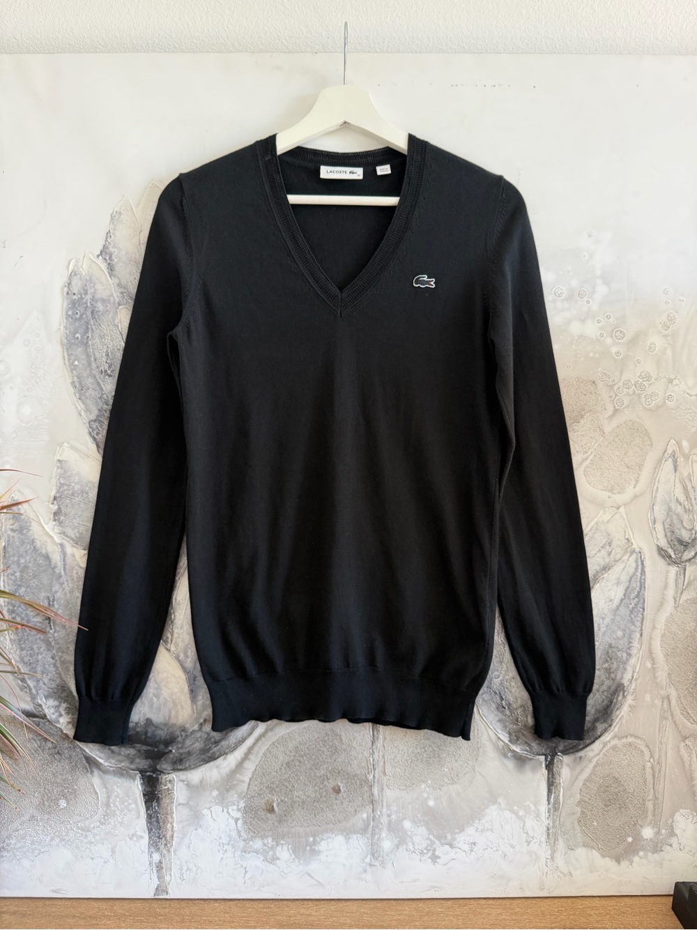 Lacoste women’s Black V-Neck Cotton Sweater with Crocodile Logo